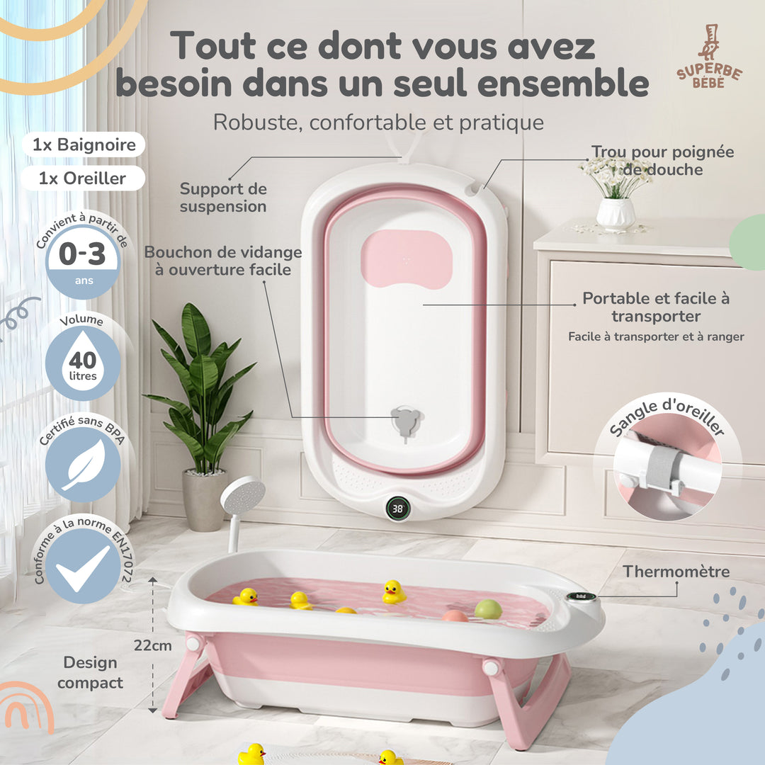 Baignoire bébé pliable - Thermomètre et coussin inclus#couleur_pink