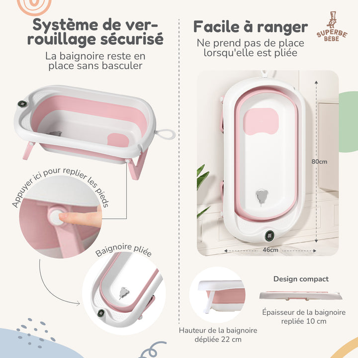 Baignoire bébé pliable - Thermomètre et coussin inclus#couleur_pink