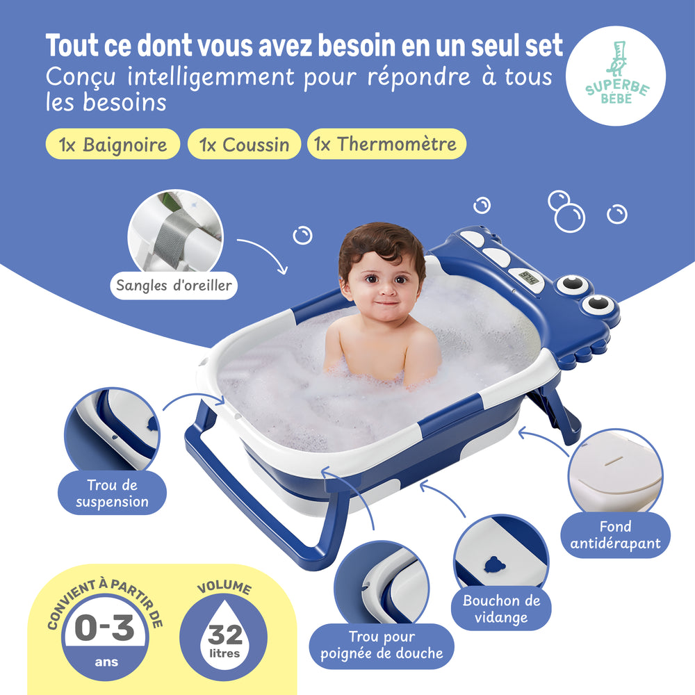 Baignoire bébé pliable - Thermomètre et coussin inclus - DINO#couleur_blue