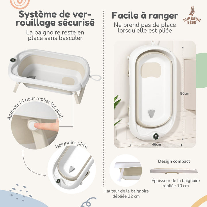 Baignoire bébé pliable - Thermomètre et coussin inclus#couleur_beige