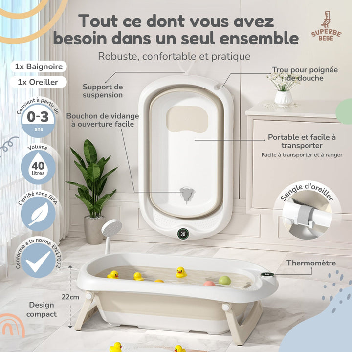 Baignoire bébé pliable - Thermomètre et coussin inclus#couleur_beige