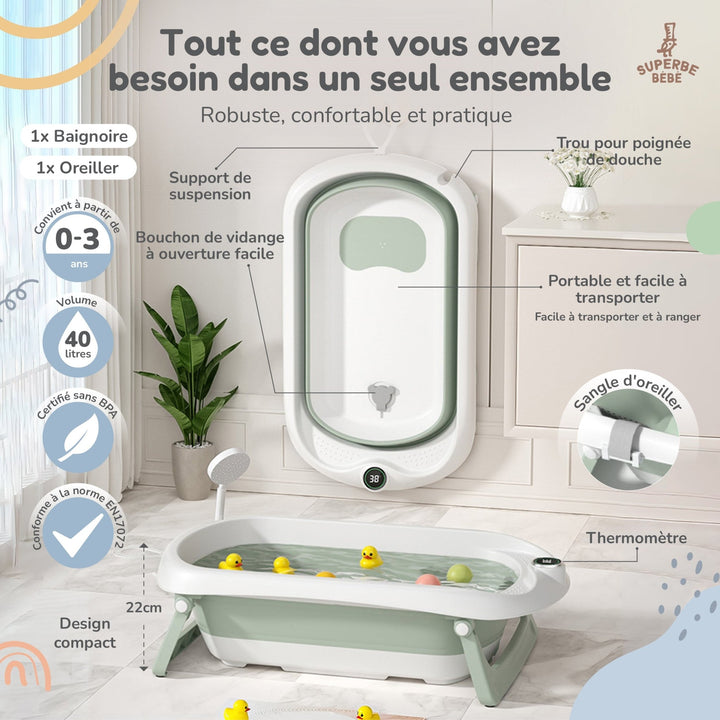 Baignoire bébé pliable - Thermomètre et coussin inclus#couleur_green
