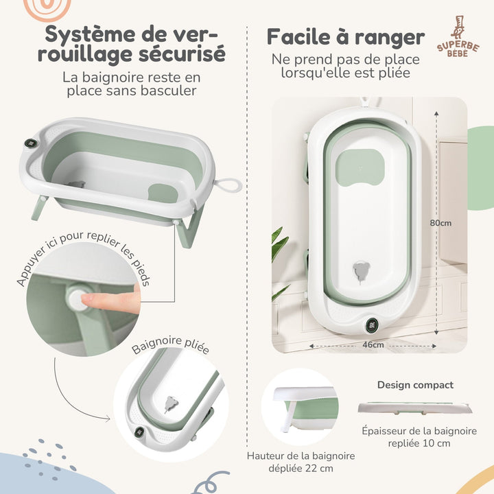 Baignoire bébé pliable - Thermomètre et coussin inclus#couleur_green