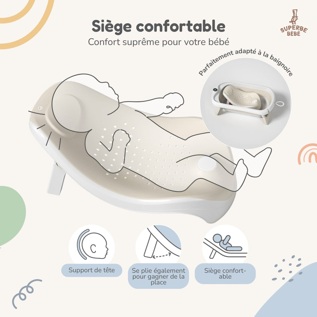 Baignoire bébé pliable - Thermomètre et transat inclus#couleur_beige