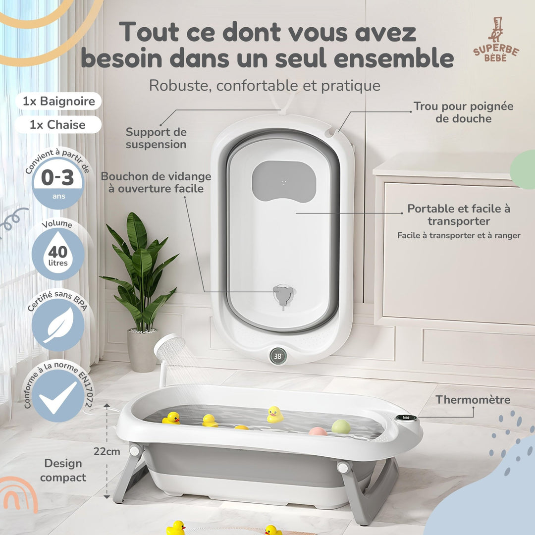 Baignoire bébé pliable - Thermomètre et transat inclus#couleur_grey