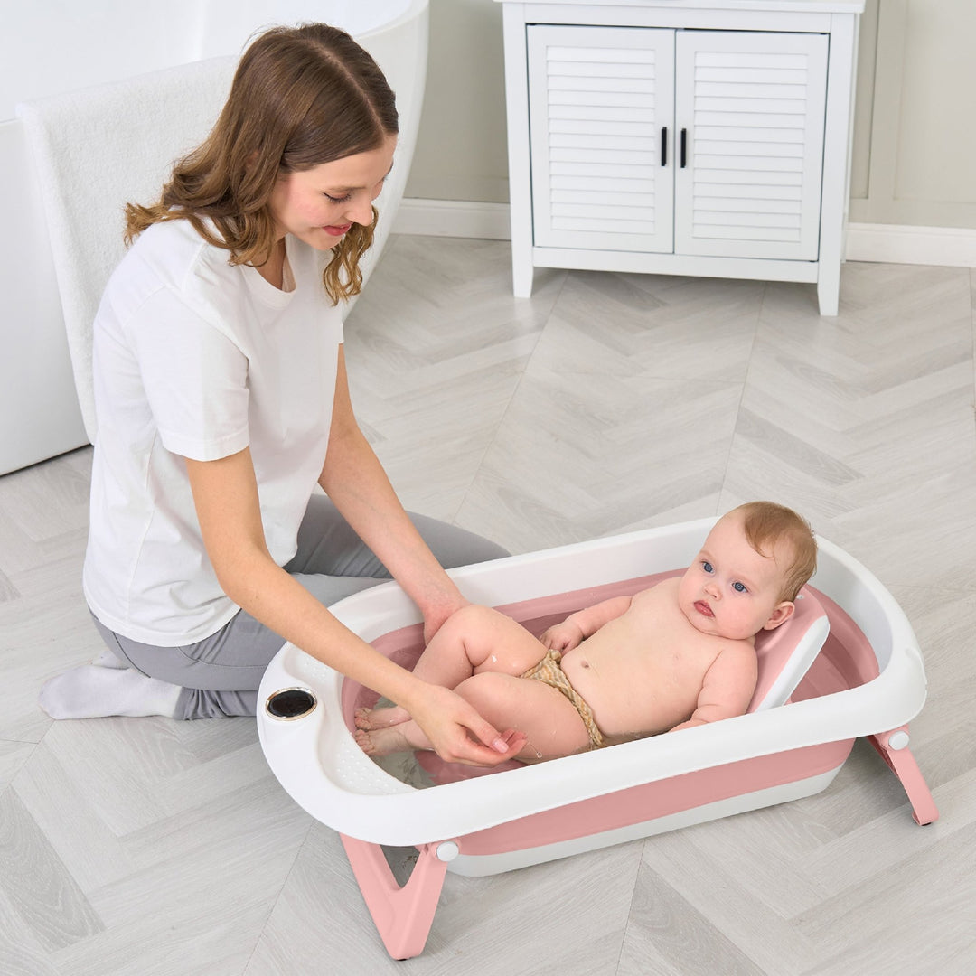 Baignoire bébé pliable - Thermomètre et transat inclus#couleur_pink