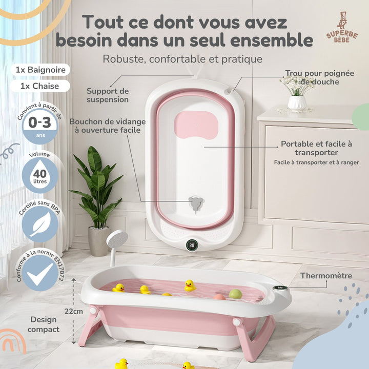 Baignoire bébé pliable - Thermomètre et transat inclus#couleur_pink