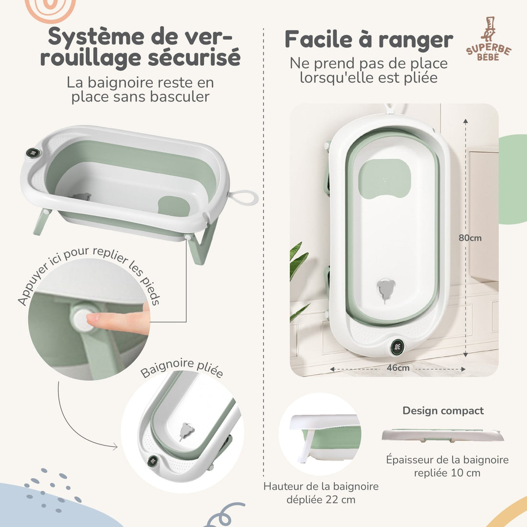 Baignoire bébé pliable - Thermomètre et transat inclus#couleur_green