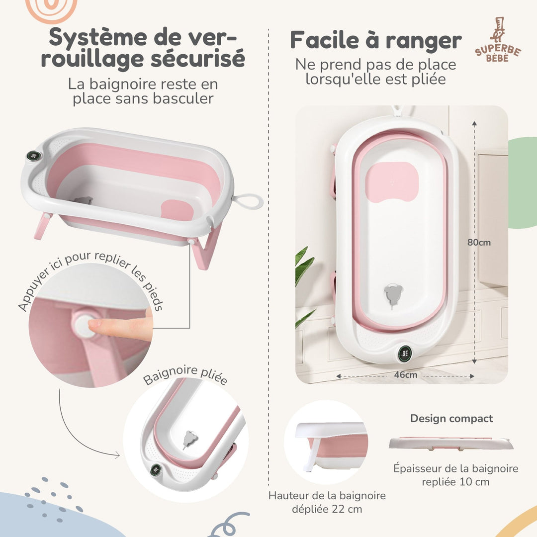 Baignoire bébé pliable - Thermomètre et transat inclus#couleur_pink