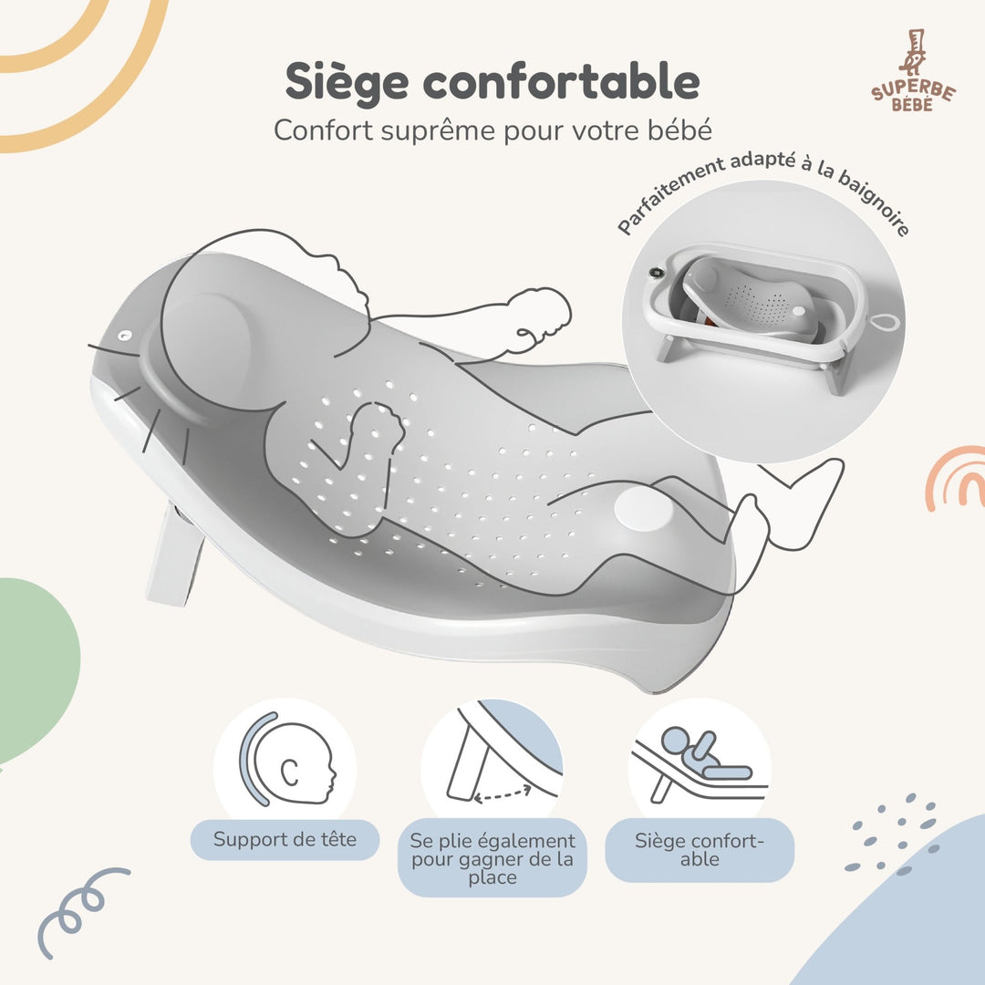 Baignoire bébé pliable - Thermomètre et transat inclus#couleur_grey