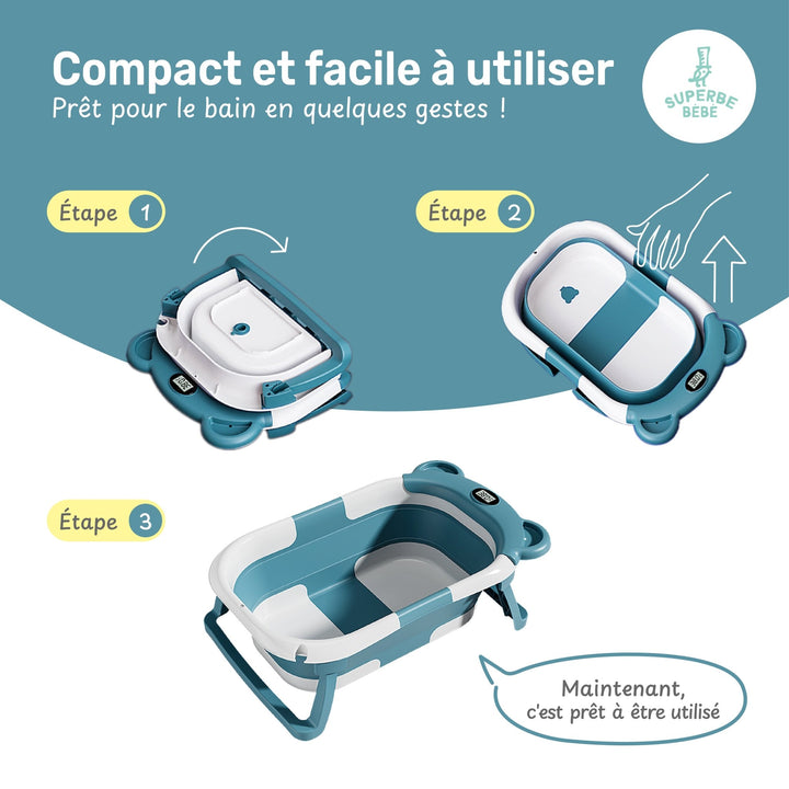 Baignoire bébé pliable - Thermomètre et coussin inclus - BEAR#couleur_green