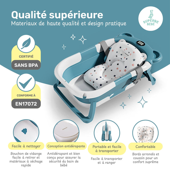 Baignoire bébé pliable - Thermomètre et coussin inclus - BEAR#couleur_green