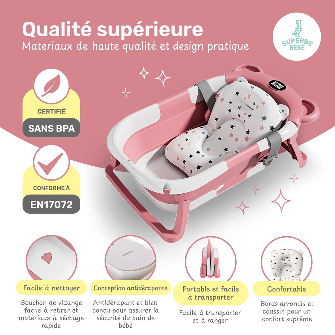 Baignoire bébé pliable - Thermomètre et coussin inclus - BEAR#couleur_pink