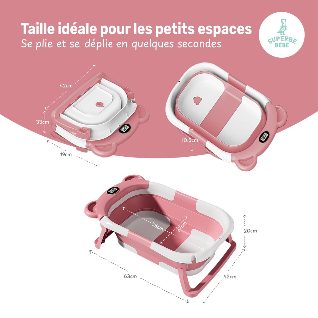 Baignoire bébé pliable - Thermomètre et coussin inclus - BEAR#couleur_pink