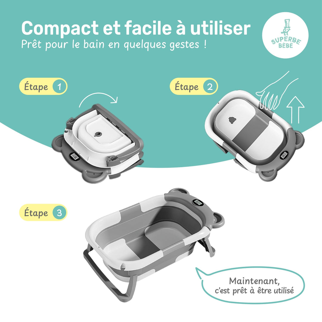 Baignoire bébé pliable - Thermomètre et coussin inclus - BEAR#couleur_grey
