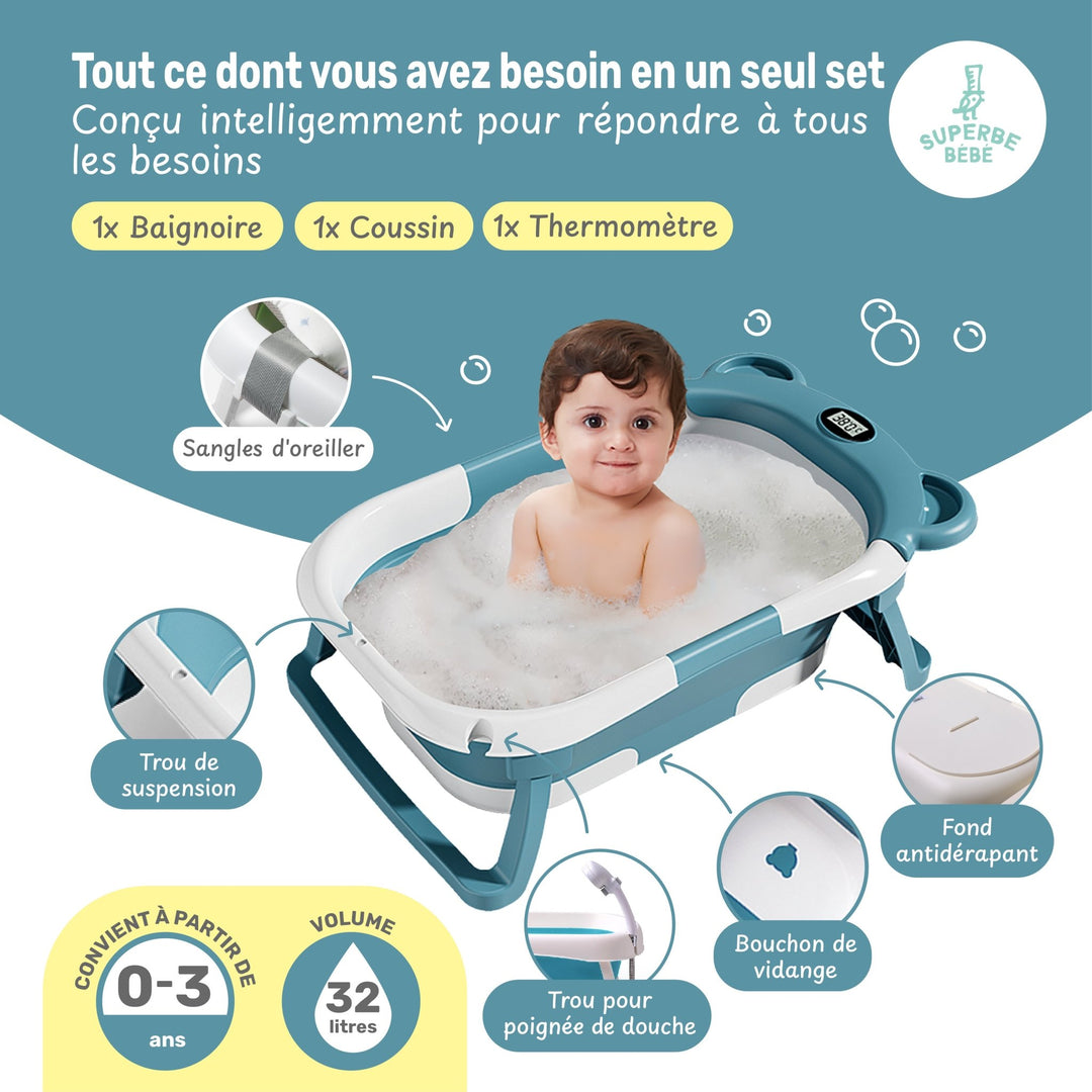 Baignoire bébé pliable - Thermomètre et coussin inclus - BEAR#couleur_green