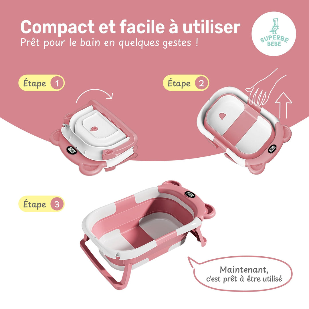 Baignoire bébé pliable - Thermomètre et coussin inclus - BEAR#couleur_pink