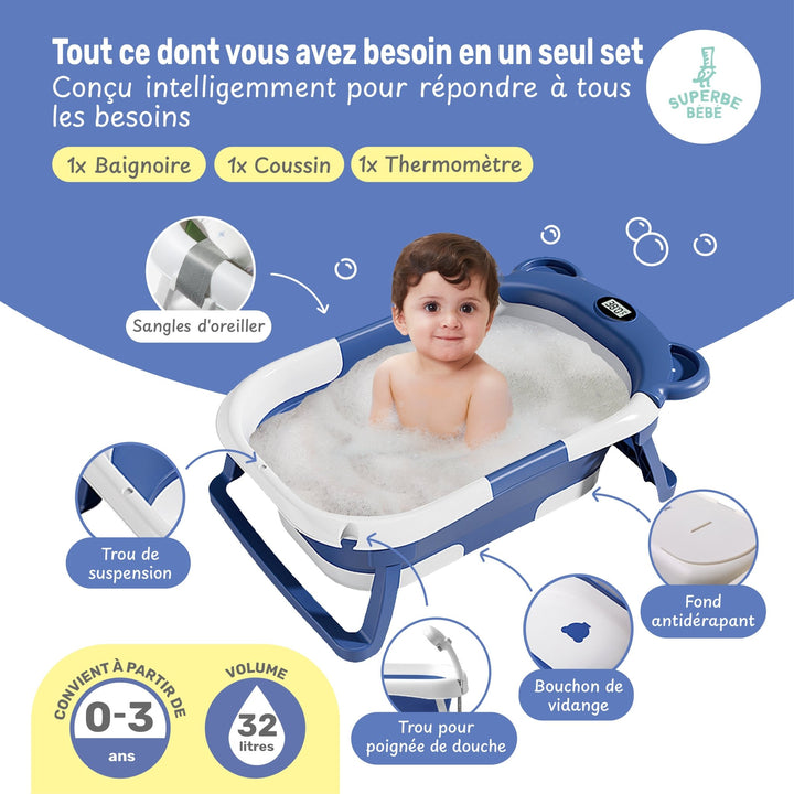 Baignoire bébé pliable - Thermomètre et coussin inclus - BEAR#couleur_blue