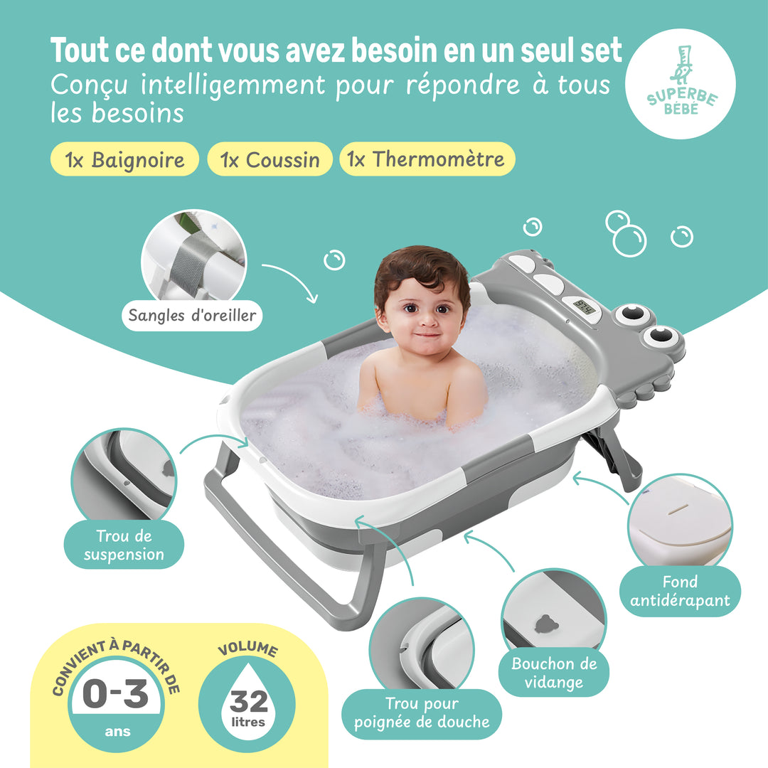 Baignoire bébé pliable - Thermomètre et coussin inclus - DINO#couleur_grey