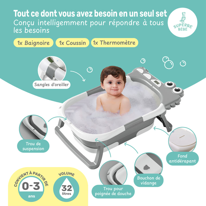 Baignoire bébé pliable - Thermomètre et coussin inclus - DINO#couleur_grey