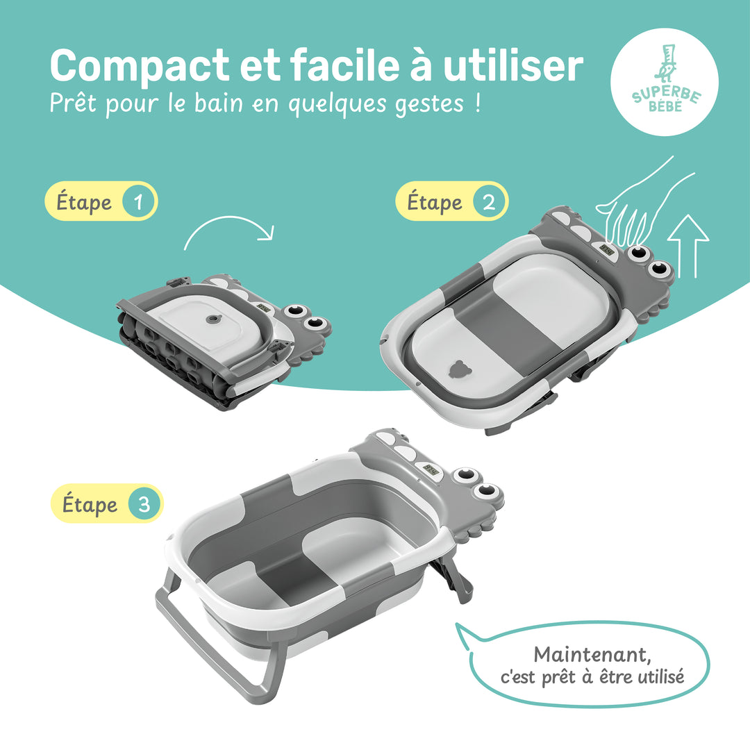 Baignoire bébé pliable - Thermomètre et coussin inclus - DINO#couleur_grey