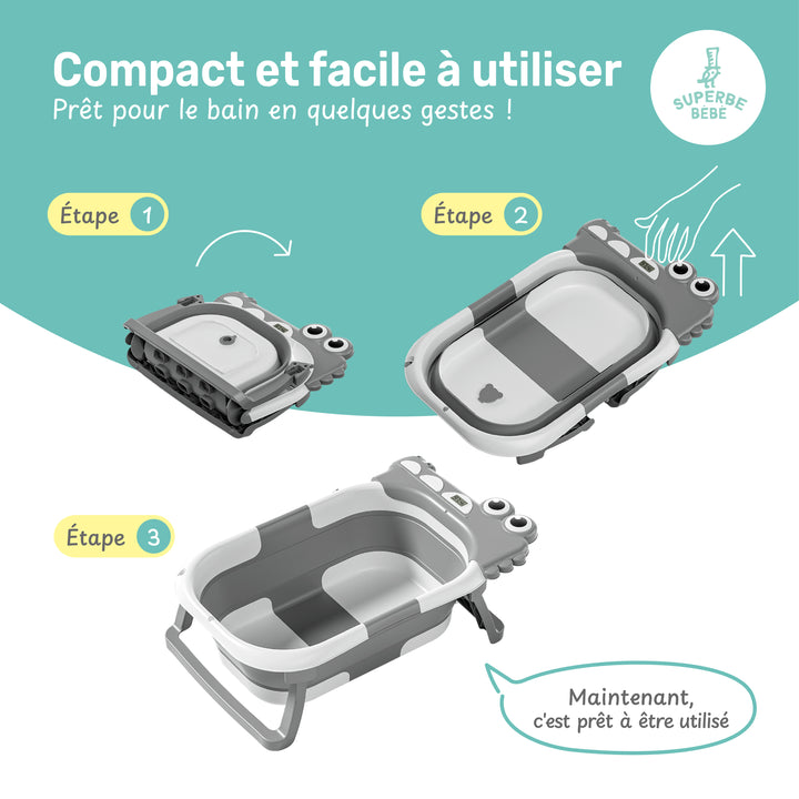 Baignoire bébé pliable - Thermomètre et coussin inclus - DINO#couleur_grey