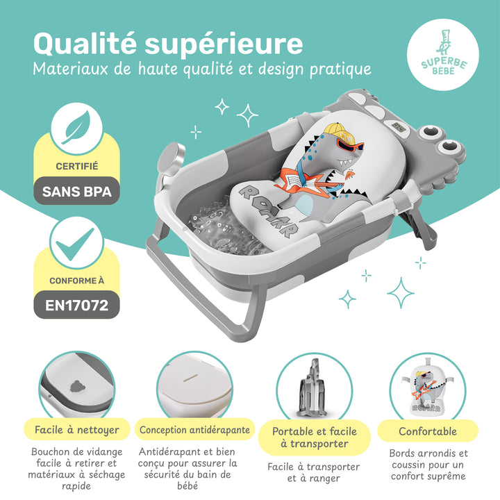 Baignoire bébé pliable - Thermomètre et coussin inclus - DINO#couleur_grey