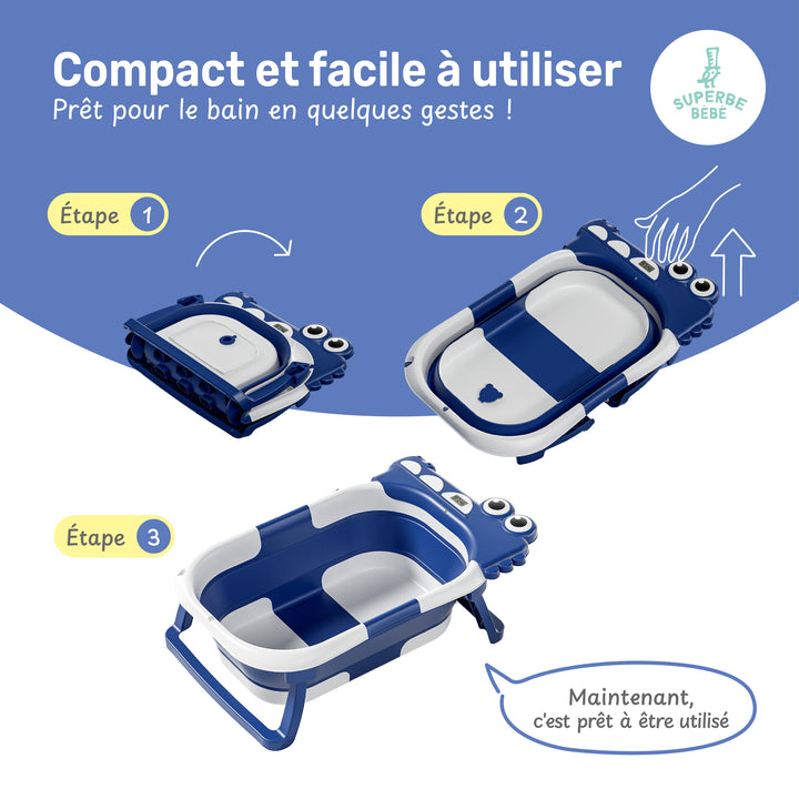 Baignoire bébé pliable - Thermomètre et coussin inclus - DINO#couleur_blue