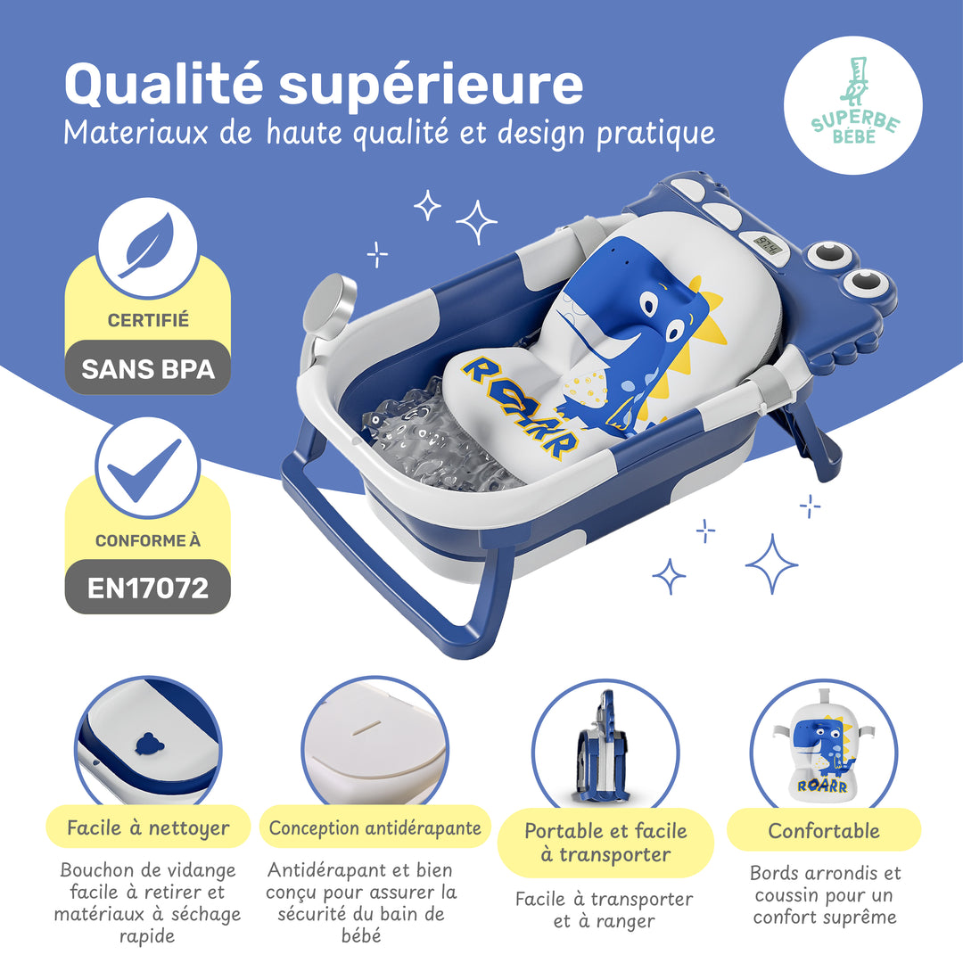 Baignoire bébé pliable - Thermomètre et coussin inclus - DINO#couleur_blue