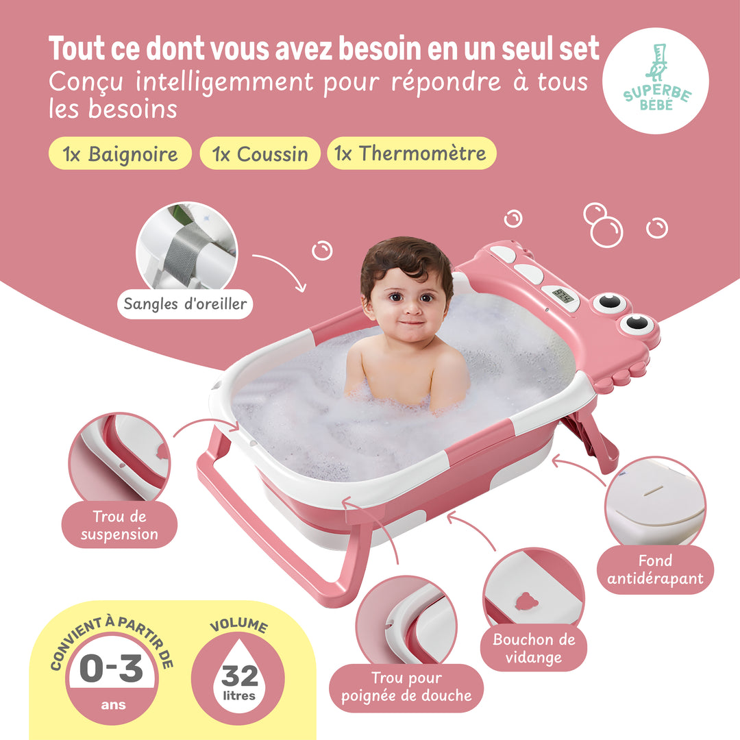 Baignoire bébé pliable - Thermomètre et coussin inclus - DINO#couleur_pink