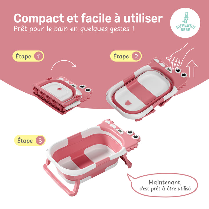 Baignoire bébé pliable - Thermomètre et coussin inclus - DINO#couleur_pink