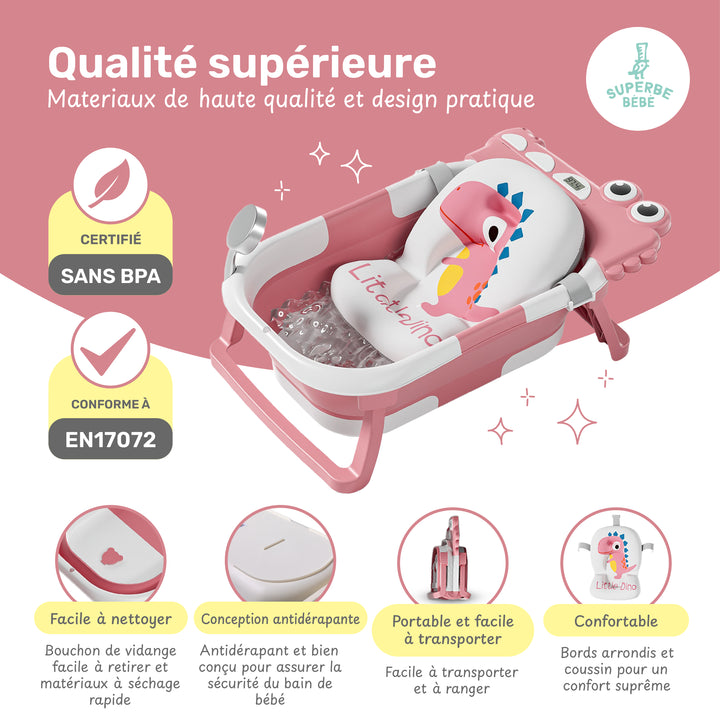 Baignoire bébé pliable - Thermomètre et coussin inclus - DINO#couleur_pink
