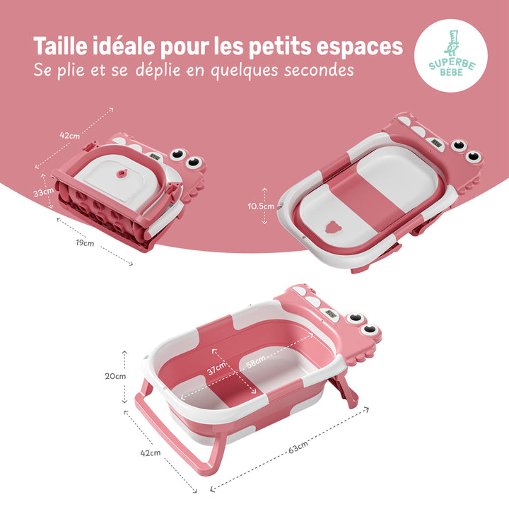 Baignoire bébé pliable - Thermomètre et coussin inclus - DINO#couleur_pink