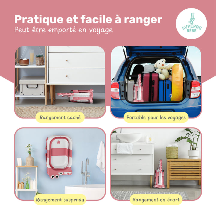 Baignoire bébé pliable - Thermomètre et coussin inclus - DINO#couleur_pink