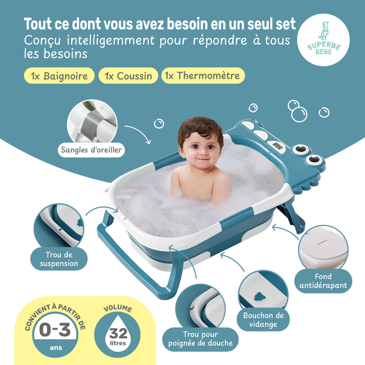 Baignoire bébé pliable - Thermomètre et coussin inclus - DINO#couleur_duck-blue