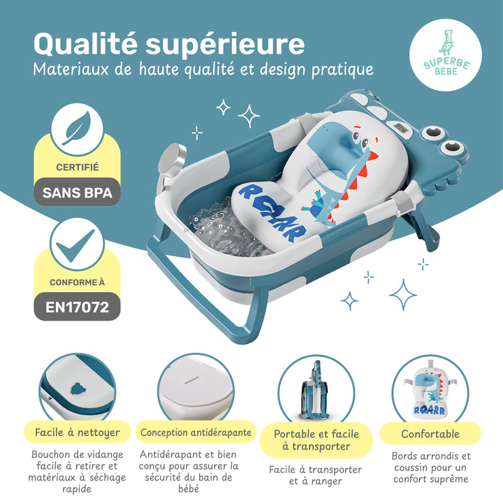 Baignoire bébé pliable - Thermomètre et coussin inclus - DINO#couleur_duck-blue