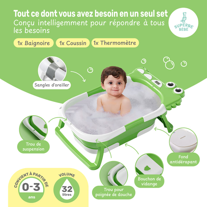 Baignoire bébé pliable - Thermomètre et coussin inclus - DINO#couleur_green