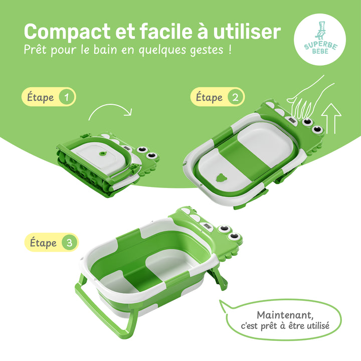 Baignoire bébé pliable - Thermomètre et coussin inclus - DINO#couleur_green