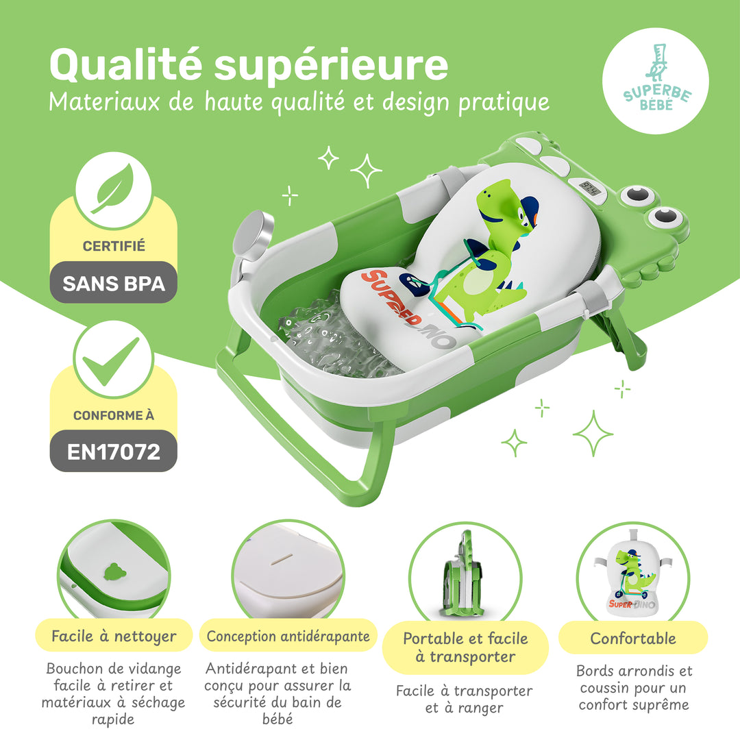 Baignoire bébé pliable - Thermomètre et coussin inclus - DINO#couleur_green