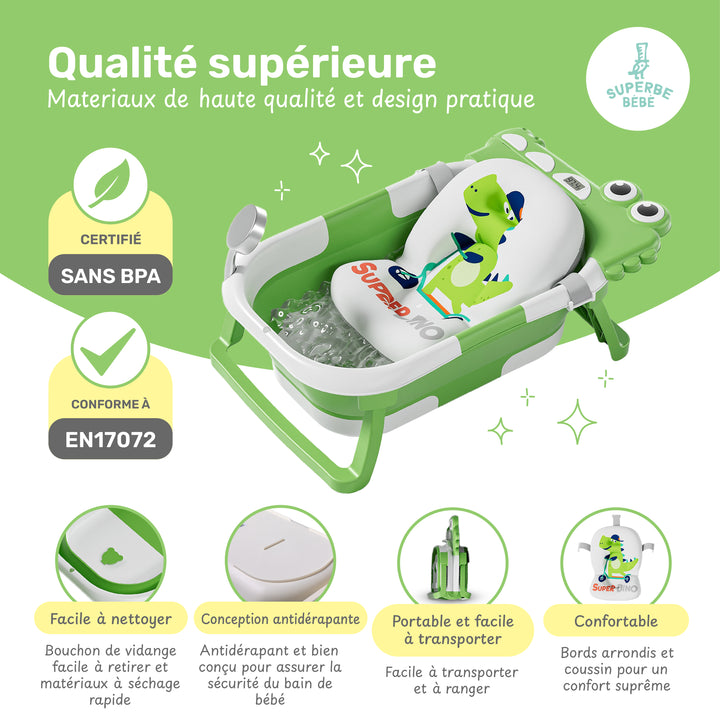 Baignoire bébé pliable - Thermomètre et coussin inclus - DINO#couleur_green