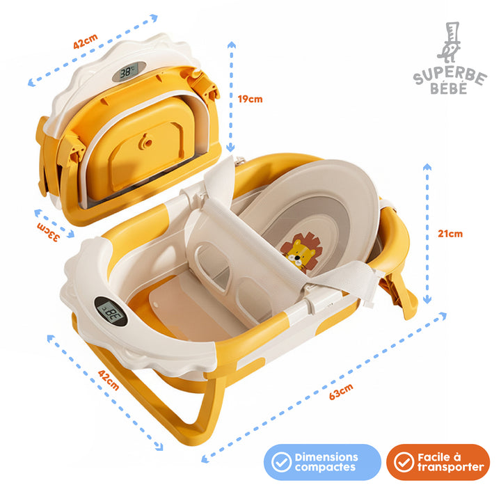 Baignoire bébé pliable compacte LION – Coussin & thermomètre inclus#couleur_jaune