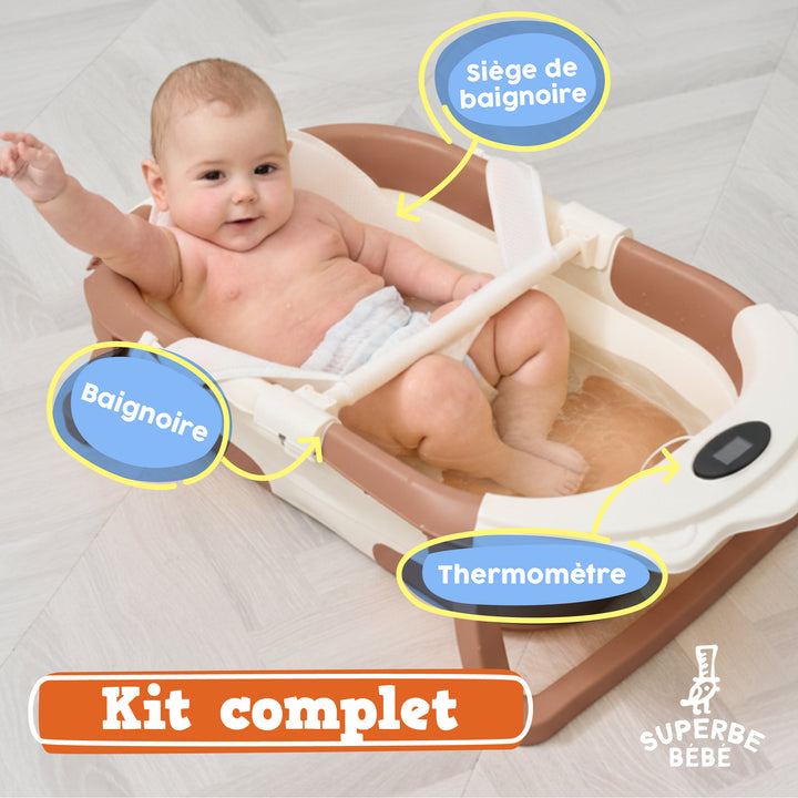 Baignoire bébé pliable compacte LION – Coussin & thermomètre inclus#couleur_marron