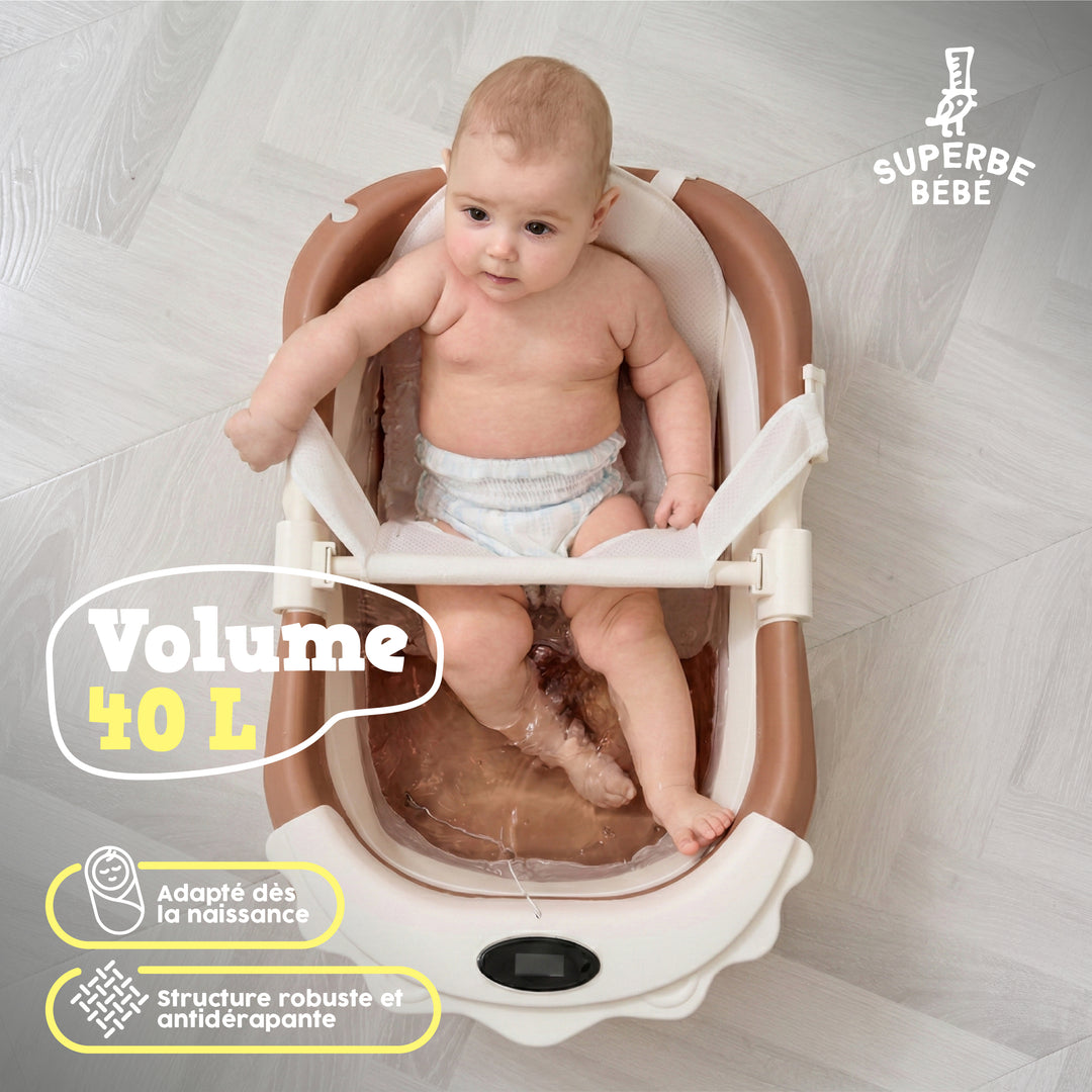 Baignoire bébé pliable compacte LION – Coussin & thermomètre inclus#couleur_marron