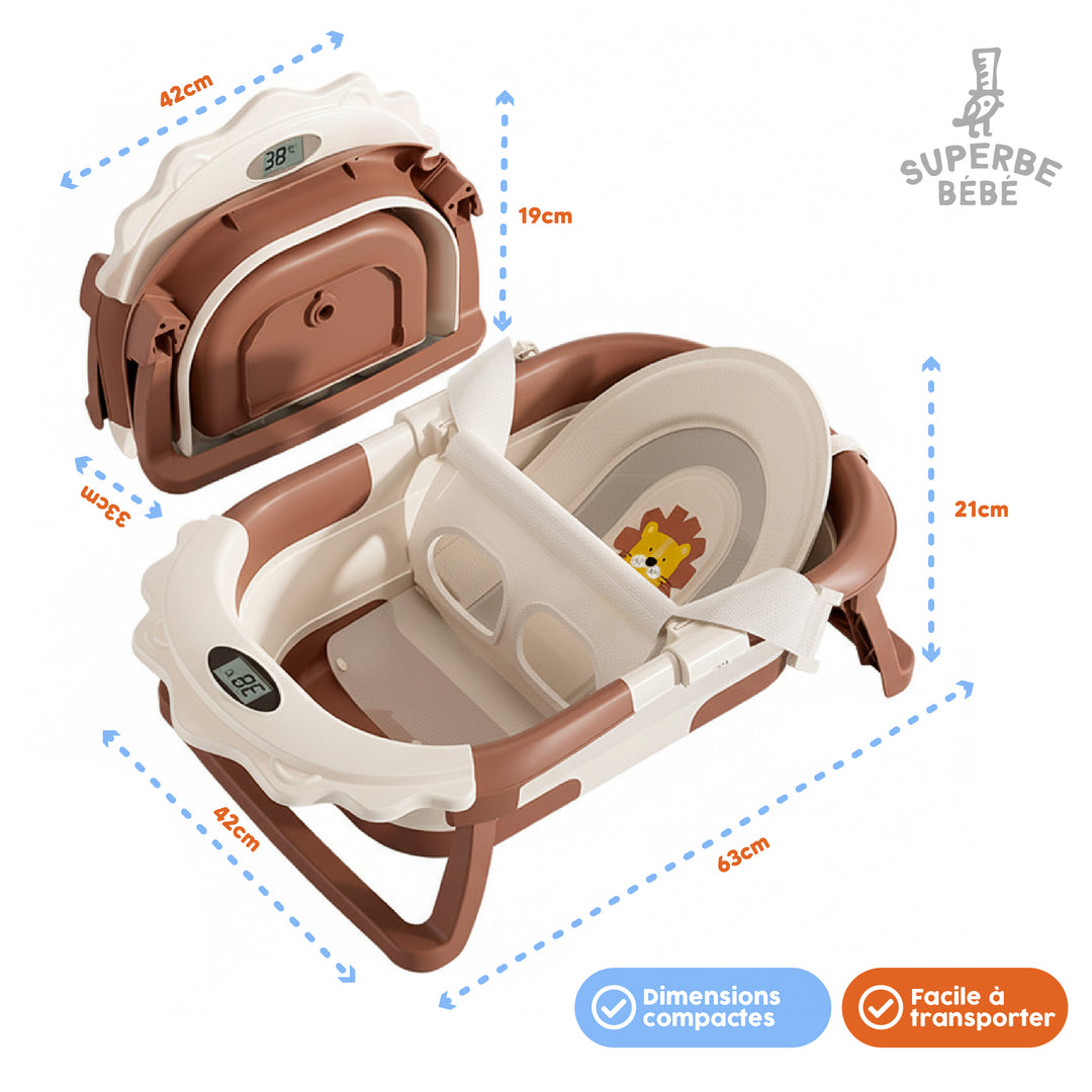 Baignoire bébé pliable compacte LION – Coussin & thermomètre inclus#couleur_marron