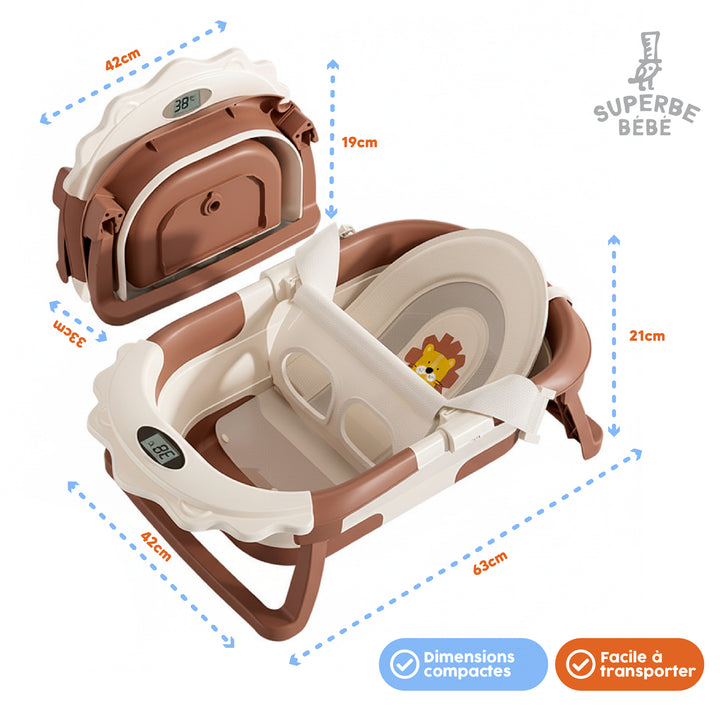 Baignoire bébé pliable compacte LION – Coussin & thermomètre inclus#couleur_marron