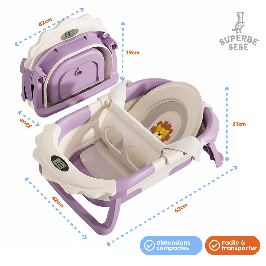 Baignoire bébé pliable compacte LION – Coussin & thermomètre inclus#couleur_violet