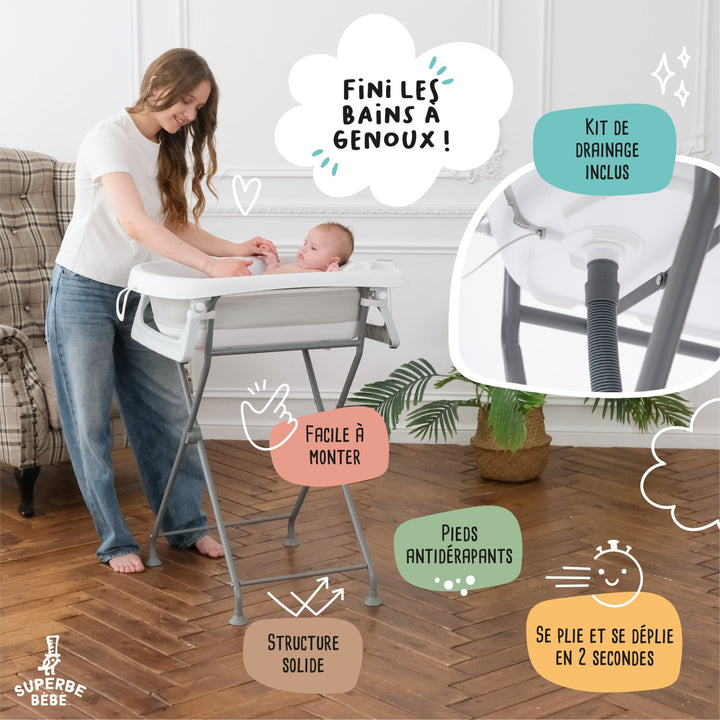 Baignoire bébé pliable avec support et kit de drainage#couleur_grey