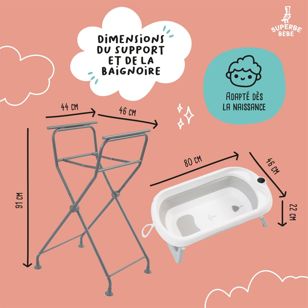Baignoire bébé pliable avec support et kit de drainage#couleur_grey