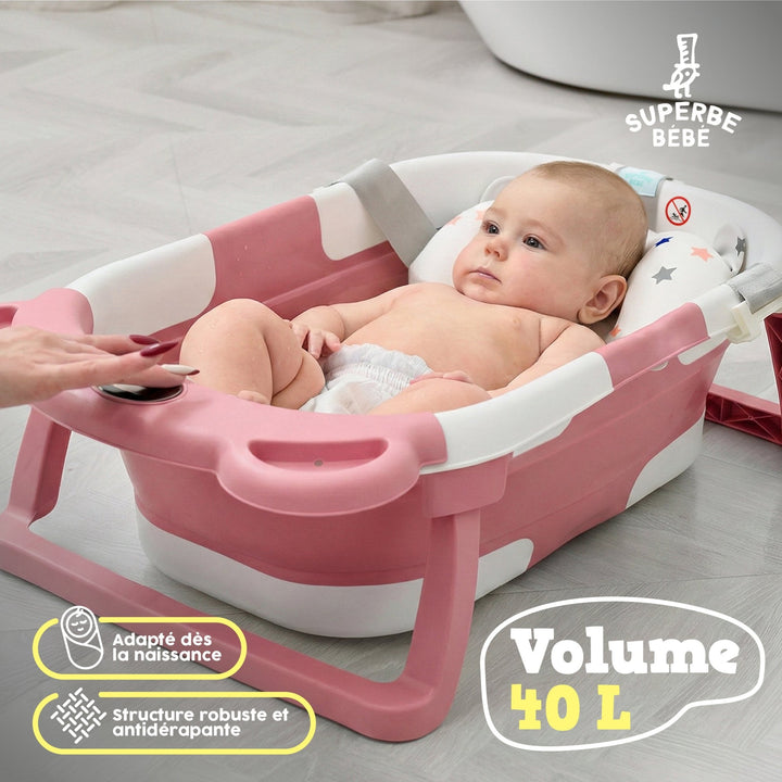 Baignoire bébé pliable - Thermomètre et coussin inclus - BEAR#couleur_pink