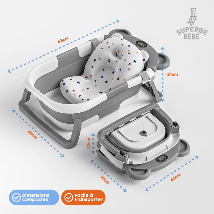 Baignoire bébé pliable - Thermomètre et coussin inclus - BEAR#couleur_grey